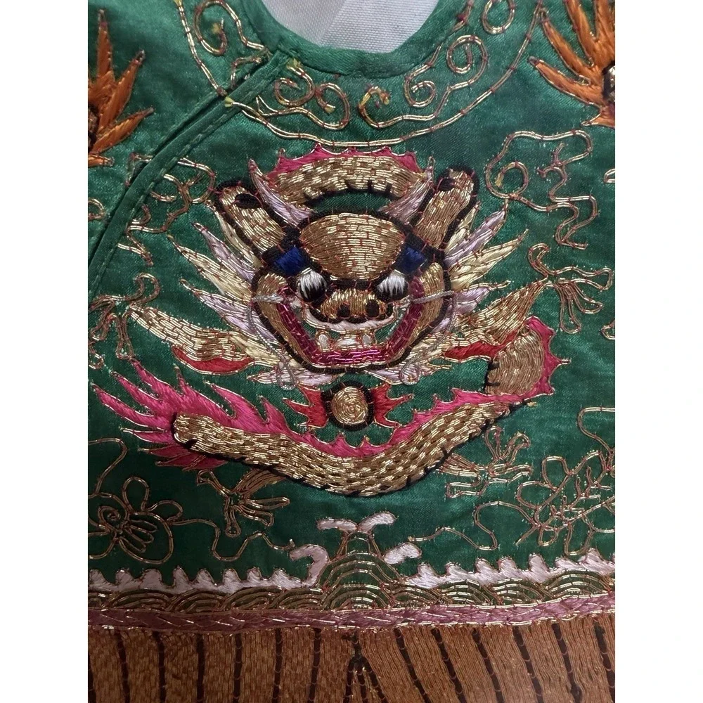 Framed Vintage Chinese Silk Embroidered Dragon Robe Wall Art Gold Thread Green